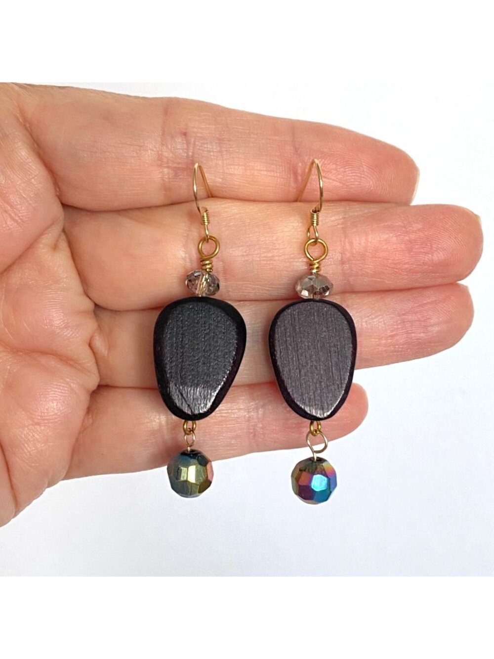 Wood Swarovski Crystal Gold Filled Dangle Pierced Earrings Artisan Made in USA